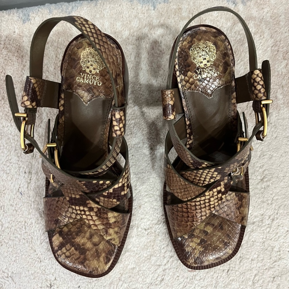 Vince Camuto Brown Snake-Print Buckle Block Heel Sandals - Picture 3 of 8